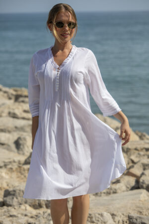 Vestido largo con pliegues y botones- 003 Blanco