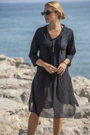 Vestido largo con pliegues y botones- 010 Negro