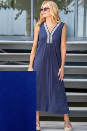 Vestido sin mangas escote pico y rizo adorno cinta negra y plata (Viscosa)- 044 Royal